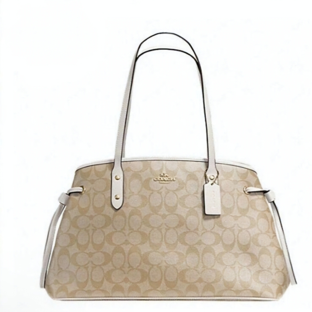 NWOT Coach Signature Beige Drawstring Carryall Satchel Leather with Wristlet